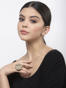 Moedbuille - Pearls Studded Oxidised Gold Plated Temple Design Handcrafted Finger Ring