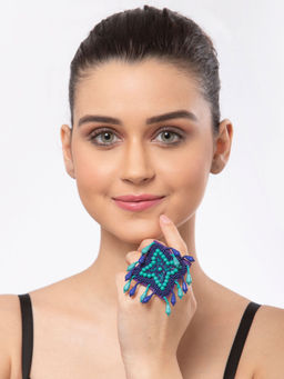 Moedbuille - Turquoise Blue Pearls And Sequins Studded Contemporaray Design Handcrafted Finger Ring