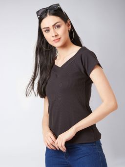 Miss Chase - Women's Black V-Neck Short Sleeve Solid Top