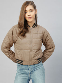 Marie Claire - Women Casual Khaki Stand Collar Solid Padded Jacket
