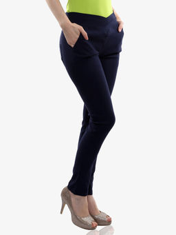 Miss Chase - Women's Navy Blue Solid Zippered Fitted Pants