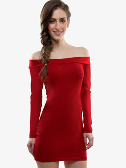 Miss Chase - Women Red Off Shoulder Full Sleeves Bardot Style Mini Bodycon Dress