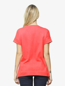 Miss Chase - Women's Coral Round Neck Half Sleeves Gold Sequin Pocket Basic Top