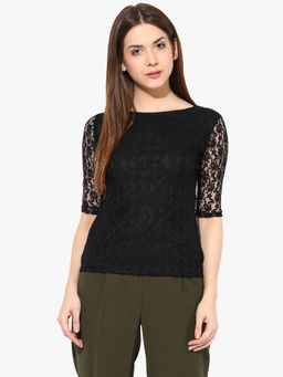 Miss Chase - Women's Black Round Neck 3/4th Sleeves Laced Top