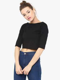 Miss Chase - Women's Black Boat Neck Half Sleeves Casual Buttoned Crop Top