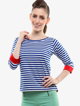 Miss Chase - Women Blue and White Round Neck 3/4 Sleeves Striped Top
