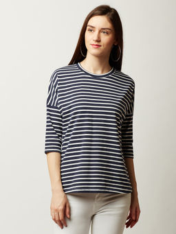 Miss Chase - Women's Navy Blue and White Round Neck 3/4 Sleeve Striped Paneled Top