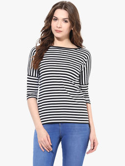 Miss Chase - Women's Black and White Round Neck 3/4 Sleeves Monochrome Striped Top