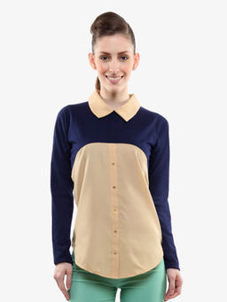 Miss Chase - Women Nude and Navy Blue Collar Neck Full Sleeves Shirt