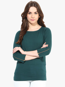 Miss Chase - Women's Green Round Neck 3/4 Sleeve Zip Detailing Solid Basic Top