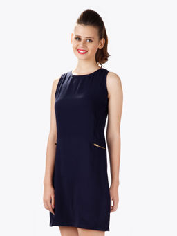 Miss Chase - Women Navy Blue Round Neck Sleeveless Solid Shift Dress