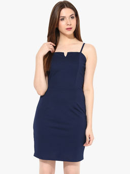 Miss Chase - Women's Navy Blue Square Neck Sleeveless Solid Bodycon Party Dress