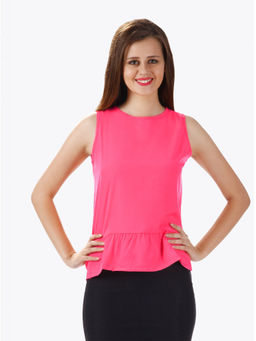 Miss Chase - Women's Coral Round Neck Sleeveless Flared Peplum Top