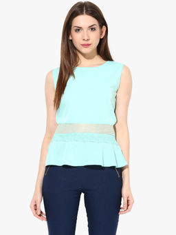 Miss Chase - Women's Mint Blue Round Neck Sleeveless Back Buttoned Laced Peplum Top