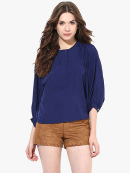 Miss Chase - Women's Navy Blue Round Neck 3/4 Sleeves Oversized Top