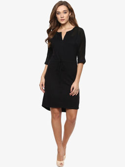 Miss Chase - Women's Black Solid 3/4 Sleeves Round Neck Mini Shift Dresses