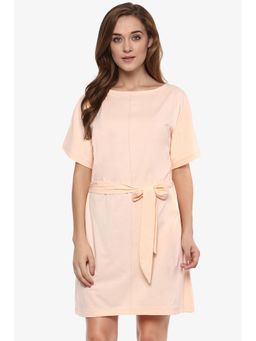 Miss Chase - Women's Peach Solid Half-Sleeve Round Neck Mini Shift Dresses