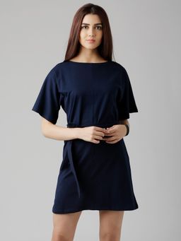 Miss Chase - Women's Navy Blue Solid Half-Sleeve Round Neck Mini Shift Dresses
