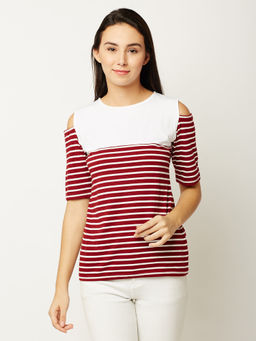 Miss Chase - Maroon and White Cold Shoulder Top
