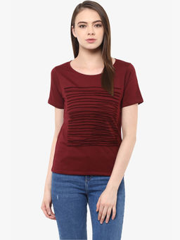 Miss Chase - Women's Maroon Round Neck Short Sleeves Solid Basic Top