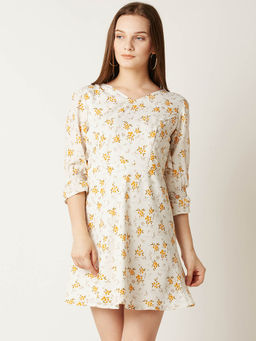 Miss Chase - Women's Multicolored V-Neck 3/4 Sleeve Floral Ruffled Mini Skater Dress