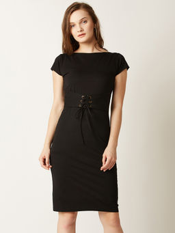 Miss Chase - Women's Black Boat Neck Cap Back Tie-Up Mini Shift Casual Dress