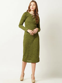 Miss Chase - Women's Olive Green Cotton V Neck Full sleeve Solid Midi Bodycon Dress