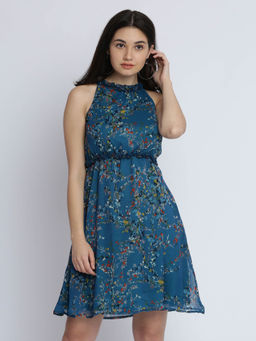 Miss Chase - Women's Multicolored Round Neck Sleeveless Floral Skater Party Dress