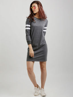Miss Chase - Women Grey Round Neck Full Sleeve Solid Knee-Long Paneled Shift Dress