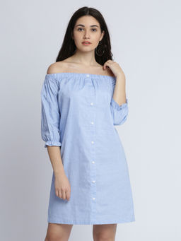 Miss Chase - Women's Blue Solid Off Shoulder 3/4 Sleeve Gathered Buttoned Bardot Style Mini Dress