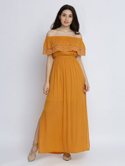 Miss Chase - Women's Mustard Yellow Off Shoulder Sleeveless Layered Bardot Maxi Dress