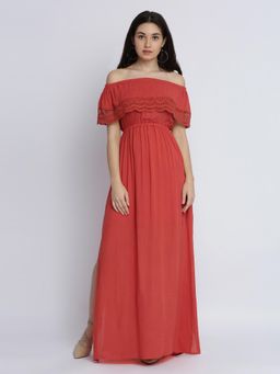 Miss Chase - Women's Orange Off Shoulder Sleeveless Solid Layered Bardot Maxi Dress