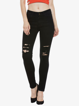Miss Chase - Women's Black Slim Fit High Rise Regular Ripped Denim Stretchable Jeans