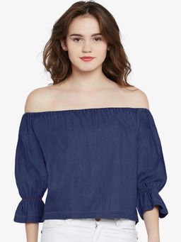 Miss Chase - Women's Blue Denim Off-shoulder Gathered 3/4 Sleeve Solid Bardot Top