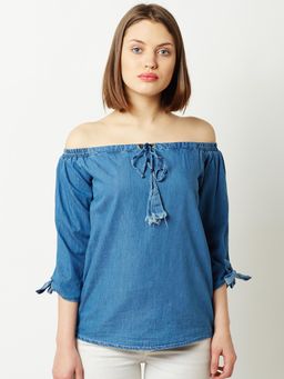 Miss Chase - Women's Blue Off Shoulder Solid Denim Bardot Top