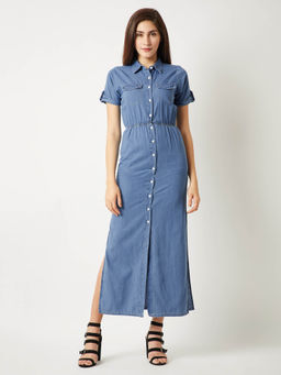Miss Chase - Women's Blue Collared Polo Neck Short Sleeve Cotton Denim Maxi Dress