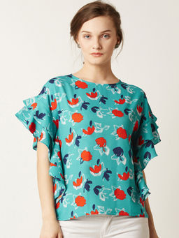 Miss Chase - Women's Multicolored Round Neck Printed Ruffled Layered Top