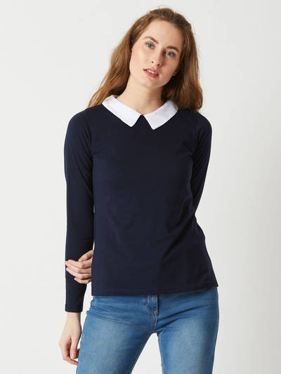 Women's Navy Blue Collared Round Neck Full Sleeve Cotton Buttoned Top