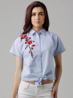 Miss Chase - Blue Embroidered Tie-Up Boxy Shirt