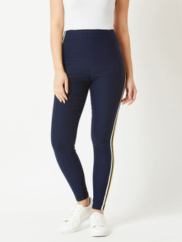 Miss Chase - Navy Blue Twill Tape Detailing High Waist Jeggings