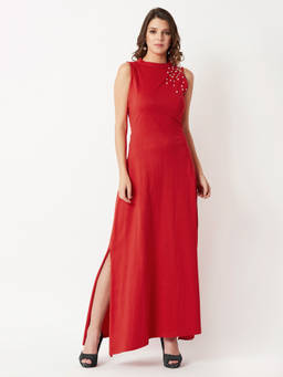 Miss Chase - Women's Red Low Back Sleeveless Pearl Maxi Dress