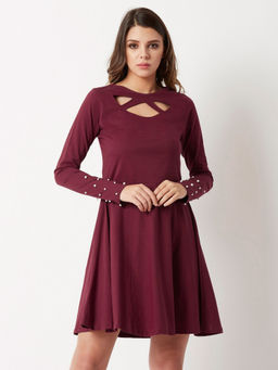 Miss Chase - Maroon Pearl Detailing Mini Dress