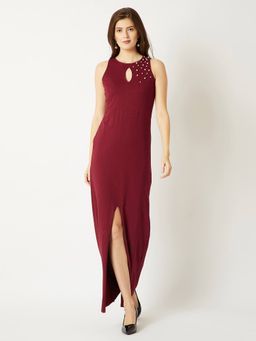 Miss Chase - Women's Maroon Round Neck Cut-Out Embellished Bodycon Maxi Dress