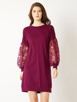 Miss Chase - Women's Magenta Round Neck Cotton Gathered Laced Mini Shift Dress