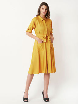 Miss Chase - Women Mustard Rolled Up Half Sleeve Solid Buttoned Paneled Belted Midi Shirt Dress
