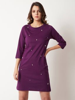 Miss Chase - Women's Magenta Round Neck 3/4 Sleeve Cotton Embellished Mini Shift Dress