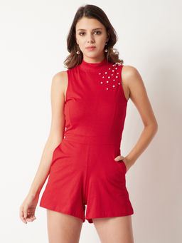 Miss Chase - Women's Red High Neck Sleeveless Cotton Solid Embellished Bodycon Playsuit
