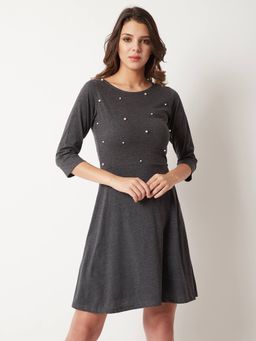Miss Chase - Women's Grey Round Neck 3/4 Sleeve Cotton Embellished Mini Skater Dress