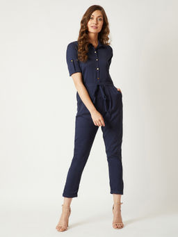 Miss Chase - Women's Navy Blue Collared 3/4 Sleeves Tie-Up Work Basic Jumpsuit