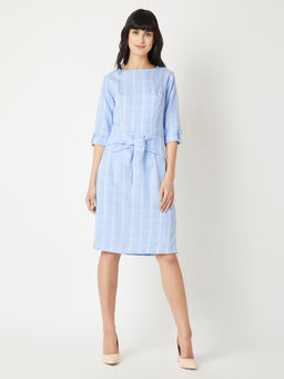 Miss Chase - Blue And White Tie-Up Knee Length Shift Dress